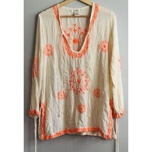 Lucky & Coco Blouse Tunic Womens Medium White Orange Embroidered Pullover